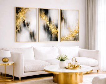 Láminas abstractas en negro y dorado, conjunto de 3 piezas de lujo moderno (descarga digital)