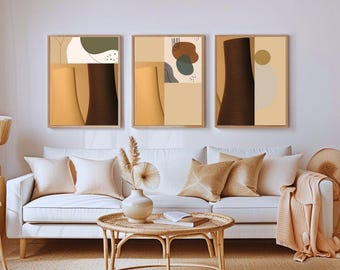 Conjunto de impresiones abstractas neutras / Arte mural minimalista en beige y marrón (descarga digital)