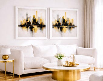 Impresiones abstractas de paisajes urbanos dorados, arte mural moderno en negro neutro (descarga digital)