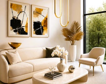 Conjunto de 2 láminas abstractas de arte mural en tonos neutros / Arte imprimible en negro, beige y mostaza / Decoración mural minimalista moderna / Descarga digital de díptico contemporáneo