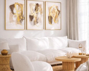 Láminas artísticas abstractas doradas, modernas y neutras, juego de 3, lienzo enmarcado