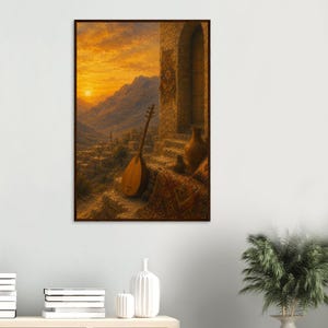 Può includere: Stampa artistica incorniciata raffigurante un tramonto su un villaggio di montagna. Uno strumento a corde è appoggiato a un muro di pietra, con un vaso e un tappeto fantasia. La calda tavolozza di colori evoca tranquillità e patrimonio culturale.