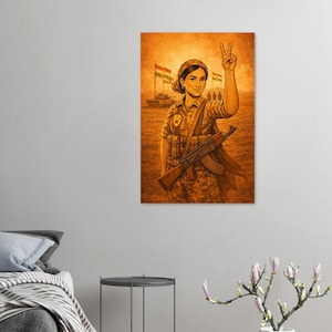 May include: An illustration of a person in military attire, holding a rifle and making a peace sign. The person is standing in front of flags and a tank. The artwork is rendered in warm, earthy tones.