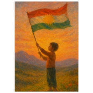 Può includere: Un dipinto raffigura un bambino che tiene una bandiera con colori rosso, bianco, verde e giallo su uno sfondo di tramonto. La bandiera ha un emblema solare centrale. Il bambino indossa una camicia arancione e pantaloni blu, in piedi in un campo.