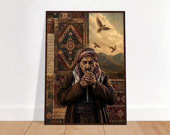 Quadro con anziano curdo – Poster tradizionale del patrimonio curdo – Decorazione rustica mediorientale – Opera d'arte curda incorniciata – Regalo culturale