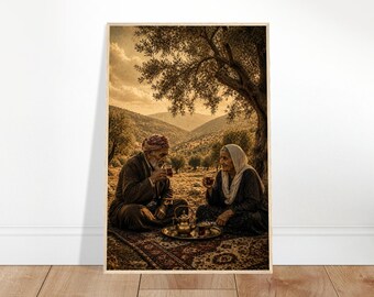 Stampa artistica raffigurante una coppia curda che prende il tè, decorazione murale tradizionale curda, poster culturale incorniciato, regalo per una famiglia curda, decorazione mediorientale.