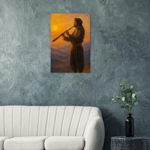 May include: A canvas print depicts a man playing a wind instrument against a sunset backdrop. The man is dressed in traditional clothing, with a turban and loose-fitting garments. The color palette includes warm tones of orange, brown, and gold, creating a serene and evocative scene.