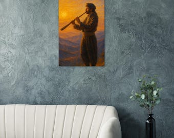 Poster del tramonto del giocatore di Ney curdo - Arte vibrante delle montagne del Kurdistan - Decorazione murale stimolante