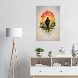 May include: Art print depicting a person walking towards a colourful fingerprint design. The fingerprint is red, yellow, and green, with a tree root design at the bottom. The artwork has a textured, vintage appearance.