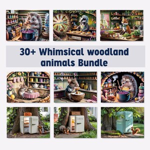 Puede incluir: Una colección de ilustraciones caprichosas con animales del bosque en varios escenarios. Las imágenes incluyen un erizo cocinando, un zorro preparando comida y un ratón en una mesa. El texto dice "30+ Whimsical woodland animals Bundle".