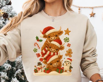 Christmas Cow Sweatshirt, Highland Cow tShirt, Women Cow Christmas Long sleeve, Cow Lover Gift, Farm Christmas Hoodie Gift, Christmas Shirt