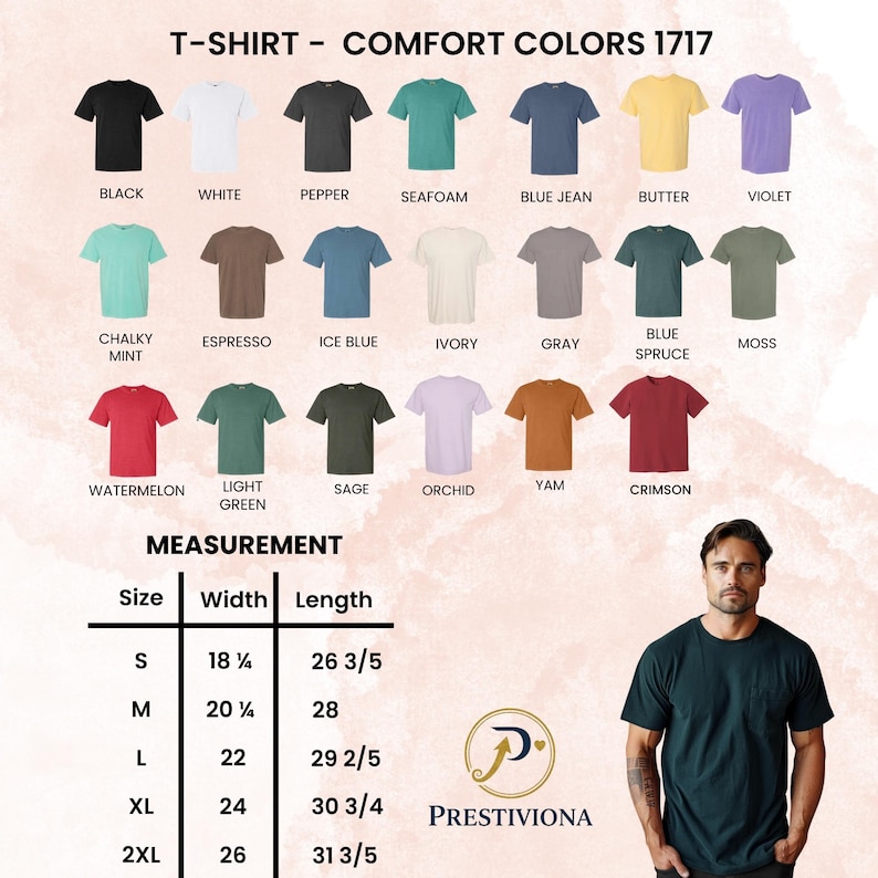 Puede incluir: Una variedad de camisetas Comfort Colors 1717 en varios colores, incluyendo negro, blanco y azul vaquero. La imagen tambi&eacute;n muestra una tabla de tallas con medidas en cm para el ancho y el largo, desde la talla S hasta la 2XL.