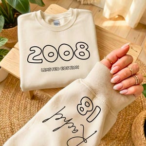 May include: Cream-colored sweatshirt with the year "2008" and the words "Limited Edition" printed in black. The sleeve of another sweatshirt displays the name "Rachel" and the number "18" in black. The sweatshirts are on a wooden surface.