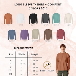 Puede incluir: Exhibici&oacute;n de camisetas de manga larga en varios colores, incluyendo Yam, Blanco, Negro, Pimienta, Verde Mar y Marfil. La imagen tambi&eacute;n muestra Azul Jean, Violeta, Arena, Espresso y Ladrillo. Se proporcionan medidas para las tallas S a 2XL, con anchos de 45.7 a 66 cm y largos de 67.6 a 80.3 cm.