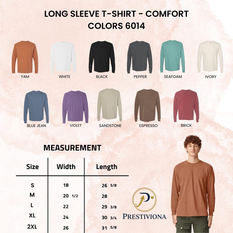 Puede incluir: Exhibici&oacute;n de camisetas de manga larga en varios colores, incluyendo Yam, Blanco, Negro, Pimienta, Verde Mar y Marfil. La imagen tambi&eacute;n muestra Azul Jean, Violeta, Arena, Espresso y Ladrillo. Se proporcionan medidas para las tallas S a 2XL, con anchos de 45.7 a 66 cm y largos de 67.6 a 80.3 cm.