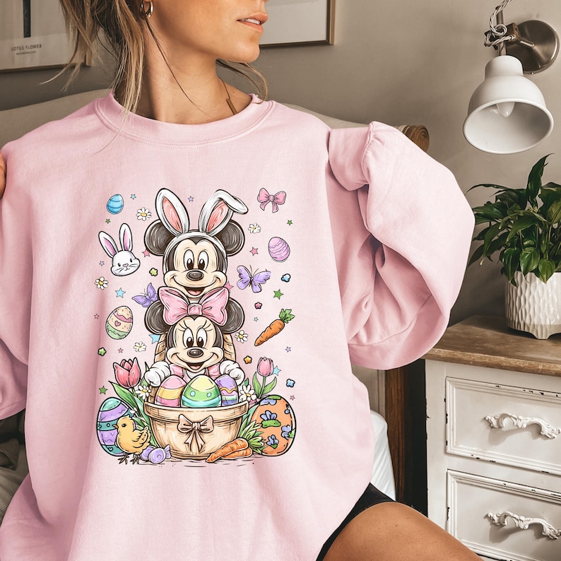 Retro Minnie Mickey Mouse Easter Sweatshirt, Brush Stroke Disney Hoodie, Happy Easter Bunny Mickey Minnie Mouse Shirt bild 1