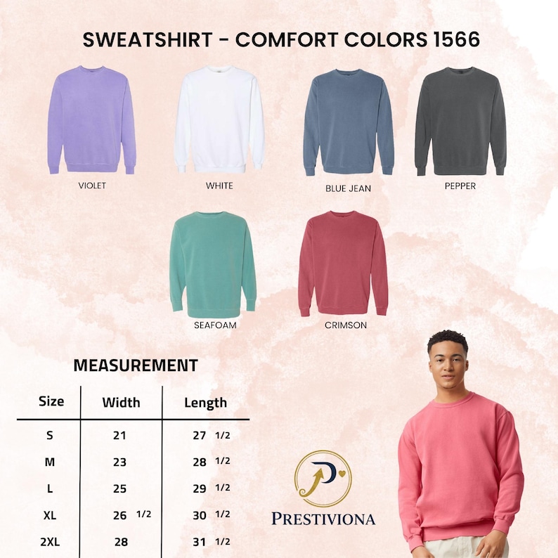 Puede incluir: Una selecci&oacute;n de sudaderas de cuello redondo en varios colores, incluyendo violeta, blanco, azul vaquero, pimienta, verde mar y carmes&iacute;. La imagen tambi&eacute;n muestra una tabla de tallas con medidas en cent&iacute;metros y el logotipo de la marca.