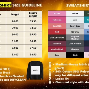 Puede incluir: Una tabla de tallas de sudaderas unisex en pulgadas, con medidas de ancho, largo y largo de manga. Una carta de colores muestra opciones como Azalea, White y Black. Tambi&eacute;n se incluyen instrucciones de lavado.