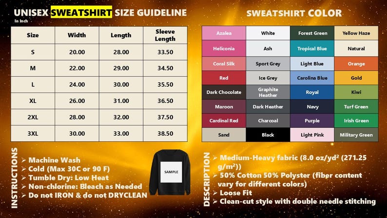 Puede incluir: Una tabla de tallas de sudaderas unisex en pulgadas, con medidas de ancho, largo y largo de manga. Una carta de colores muestra opciones como Azalea, White y Black. Tambi&eacute;n se incluyen instrucciones de lavado.