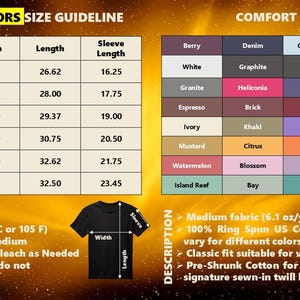 Puede incluir: Gu&iacute;a de tallas de camisetas con medidas en pulgadas para ancho, largo y largo de manga. Una tabla de colores muestra varios colores. Las instrucciones incluyen lavado a m&aacute;quina y secado en secadora.