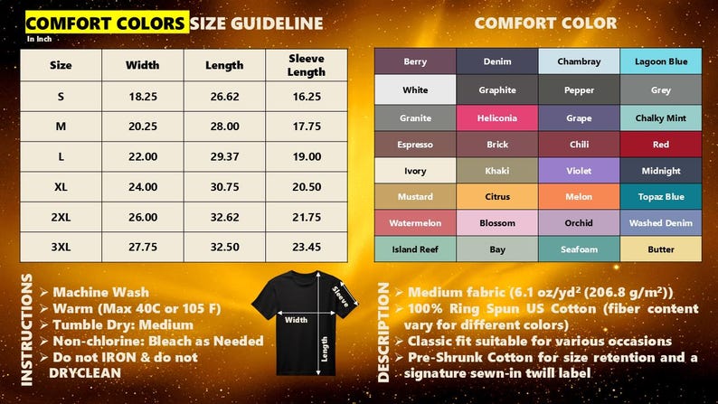 Puede incluir: Gu&iacute;a de tallas de camisetas con medidas en pulgadas para ancho, largo y largo de manga. Una tabla de colores muestra varios colores. Las instrucciones incluyen lavado a m&aacute;quina y secado en secadora.