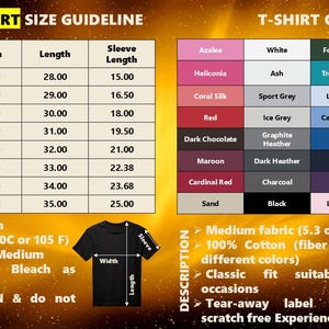 Puede incluir: Una tabla con la gu&iacute;a de tallas de camisetas unisex en pulgadas, incluyendo ancho, largo y largo de manga. Tambi&eacute;n muestra una carta de colores con opciones como Azalea, White y Black. Se incluyen instrucciones de lavado y detalles de la tela.