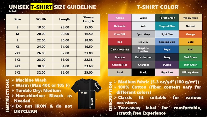Puede incluir: Una tabla con la gu&iacute;a de tallas de camisetas unisex en pulgadas, incluyendo ancho, largo y largo de manga. Tambi&eacute;n muestra una carta de colores con opciones como Azalea, White y Black. Se incluyen instrucciones de lavado y detalles de la tela.