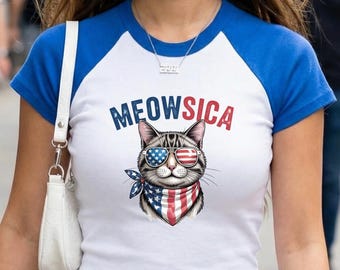 Camiseta de gato del 4 de julio, camiseta patriótica de gato para mujer, regalo para amantes de los gatos, camiseta del Día de la Independencia, camiseta para mamás de gatos, top corto raglán