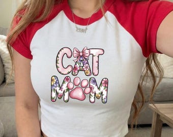 Camiseta Raglan Baby para Mamá de Gatos, Regalo para el Día de la Madre, Regalo para Amantes de los Gatos, Top Corto Floral