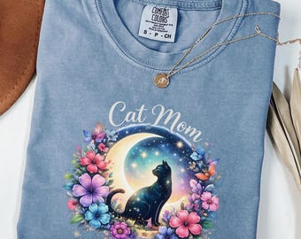 Camiseta para mamás de gatos, regalo para el Día de la Madre, regalo para amantes de los gatos, diseño floral de luna, camiseta para mamás de gatos, colores cómodos