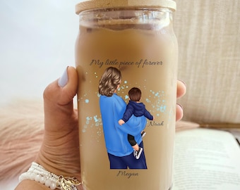 Vaso de vidrio personalizado, taza con retrato personalizado, vaso para café helado, regalo para madre primeriza, regalo para baby shower, recuerdo estético para bebidas