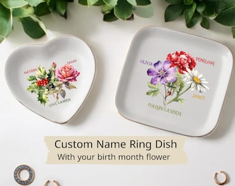 Personalized Birth Flower Ring Dish, Custom Name Jewelry Tray, Family Garden Gift, Multiple Names Floral Trinket Dish, Gift for Her