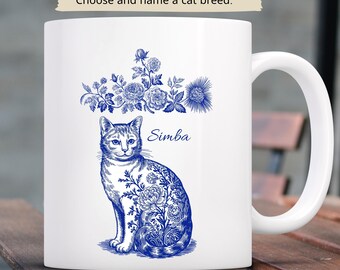 Taza personalizada para gatos, taza con retrato de mascota personalizado, regalo para amantes de los gatos, diseño floral toile, nombre personalizado, regalo para razas de gatos, minimalista azul y blanco.