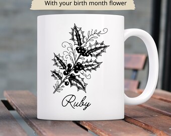 Taza personalizada con la flor de nacimiento, taza con nombre personalizado, regalo floral del mes de nacimiento para ella, regalo de cumpleaños, diseño floral minimalista.