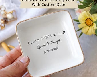 Personalized Name Ring Dish, Custom Date Jewelry Tray, Wedding Gift, Minimalist Heart Design, Couple Gift Trinket Dish