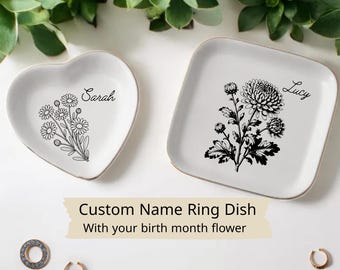 Plato para anillos con la flor de nacimiento personalizada, bandeja para joyas con nombre personalizado, regalo de cumpleaños para ella, plato para baratijas floral, decoración minimalista