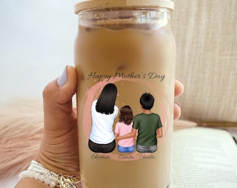 Vaso de cristal personalizado para mamá, taza de café helado con retrato familiar personalizado, regalo para el Día de la Madre, regalo personalizado con nombres para mamá.
