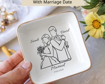 Bandeja personalizada para anillos de boda, bandeja para joyas con nombres y fecha personalizados, regalo para la novia, bandeja minimalista para joyas con diseño de pareja.
