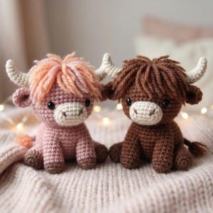 May include: Two handmade crochet Highland cow plushies. One is pink with peach-colored hair, the other is brown with brown hair. Both have white horns, black eyes, and beige muzzles. They are sitting on a pink knitted blanket.