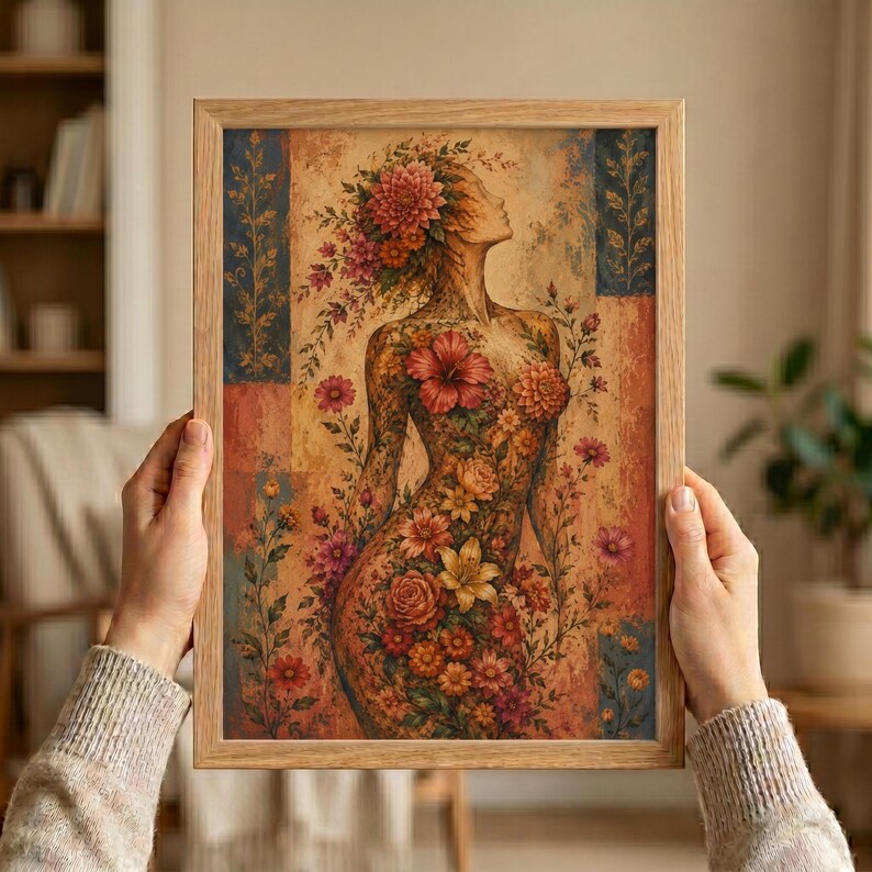 Hands holding framed floral woman art print, botanical female silhouette wall art, warm earth tones, boho vintage poster