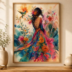 May include: A watercolor painting depicts a person with dark hair seen from behind, wearing a long, flowing dress adorned with vibrant orange, pink, and blue floral patterns. The scene includes a small bird in flight and various cacti.