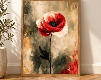 Quadro con papavero, stampa botanica testurizzata, decorazione Wabi Sabi, poster con fiore singolo, motivo floreale moderno e neutro, fioritura rossa spettacolare