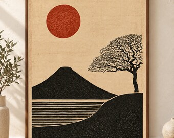 Japanese Mountain Wall Art, Wabi Sabi Decor, Vintage Woodblock Print, Red Sun Poster, Bare Tree Landscape