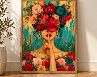 Arte popolare messicana, stampa di ritratto surreale, decorazione botanica con texture, donna floreale massimalista color verde acqua, poster Shh