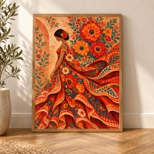 May include: A framed wall art print depicting a person in profile wearing a long, flowing dress with a vibrant red, orange, and yellow floral pattern. The figure stands near an arched doorway surrounded by large, detailed blossoms and foliage.