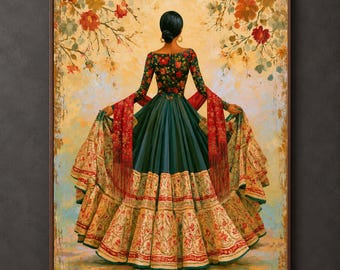 Mexican Folk Art, Folklorico Woman Print, Textured Botanical Decor, Traditional Dress Poster, Floral Skirt Portrait