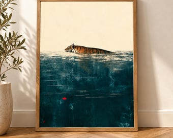 Tiger Wall Art, Teal Japanese Woodblock Print, Swimming Wildlife Poster, Vintage Indigo Decor