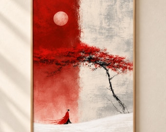 Korean Wall Art, Folk Landscape Print, Red Tree Poster, Minimalist Moon Decor, Traditional Figure Scene