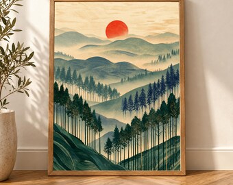 Japanese Mountain Wall Art, Wabi Sabi Forest Print, Green Pine Landscape, Red Sun Nature Poster, Woodblock Decor