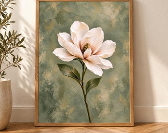Decorazione murale Wabi Sabi, stampa di magnolia verde salvia, arredamento botanico neutro, poster floreale con texture